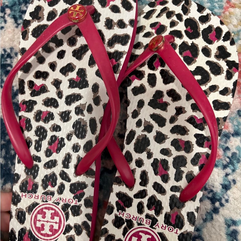 Tory Burch Animal Print Sandals with Pink Accents
